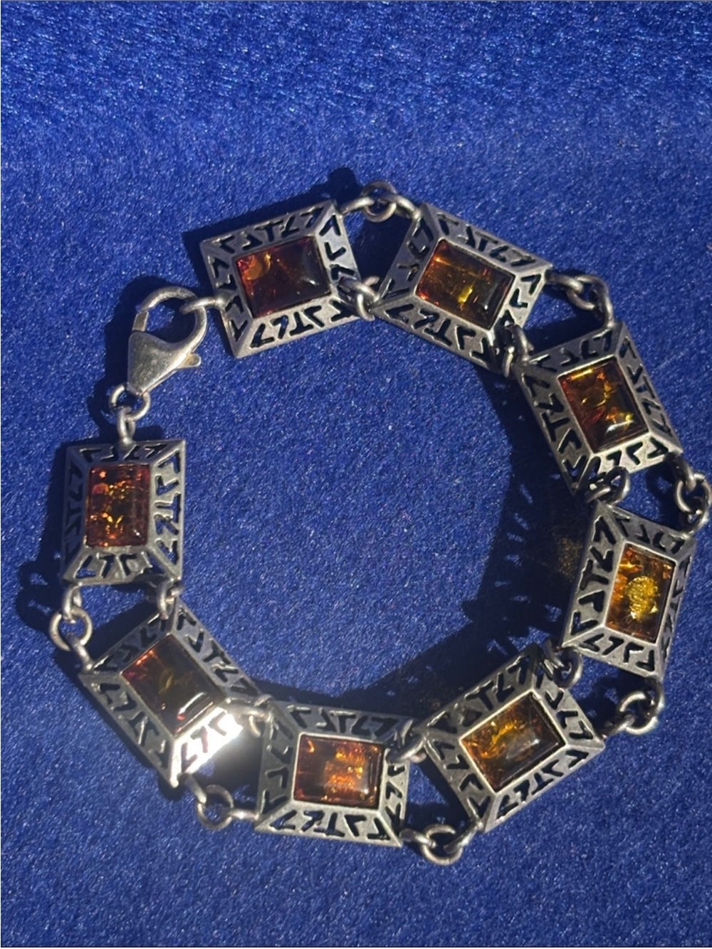 925 Sterling Silver Amber Link Bracelet - Amber Brown Stones